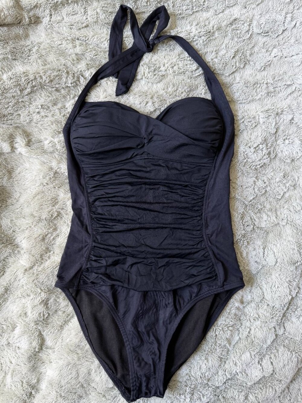 Liz Claiborne Black Ruched One Piece Swimsuit Size 10 Tummy Control Halter